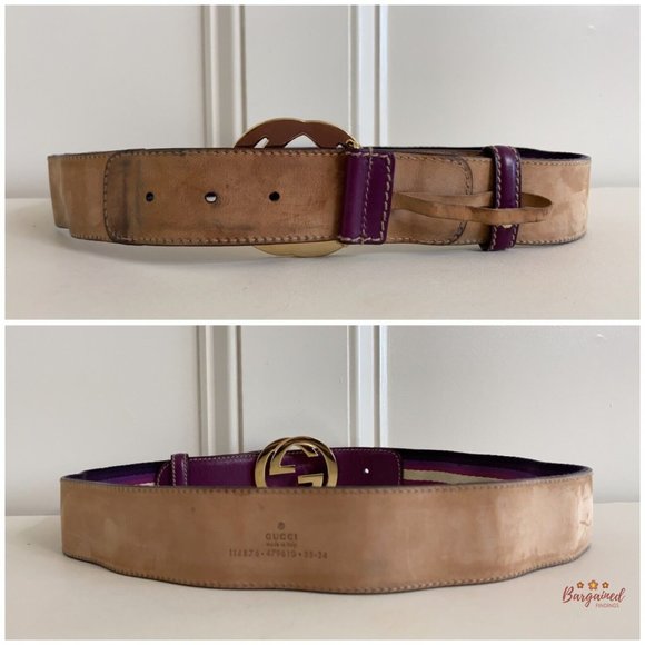 Authentic Gucci Web Canvas Leather Gold Interlocking G Buckle Belt 85/34 114876 - Picture 6 of 13